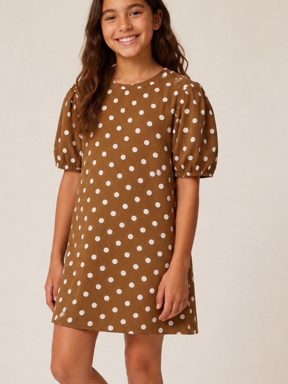 Zara girls line Brown Polka Dot dress puff button sleeve  11/12Y